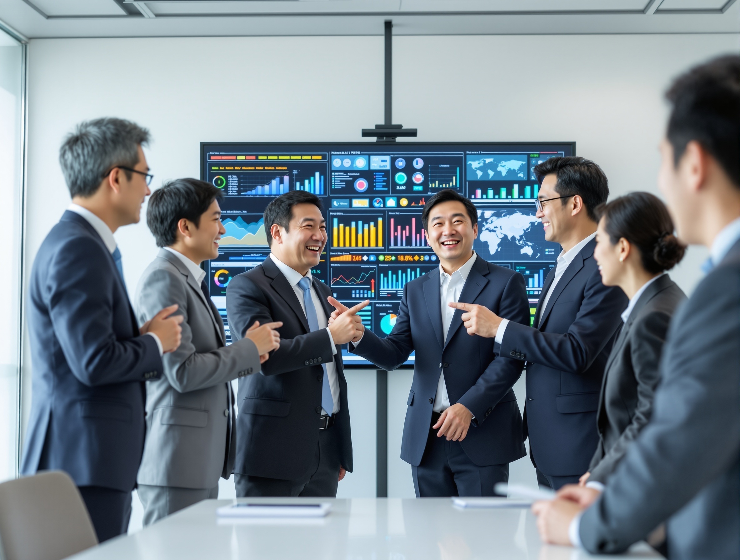 After：明るい会議室でダッシュボードを前に議論する日本人経営陣