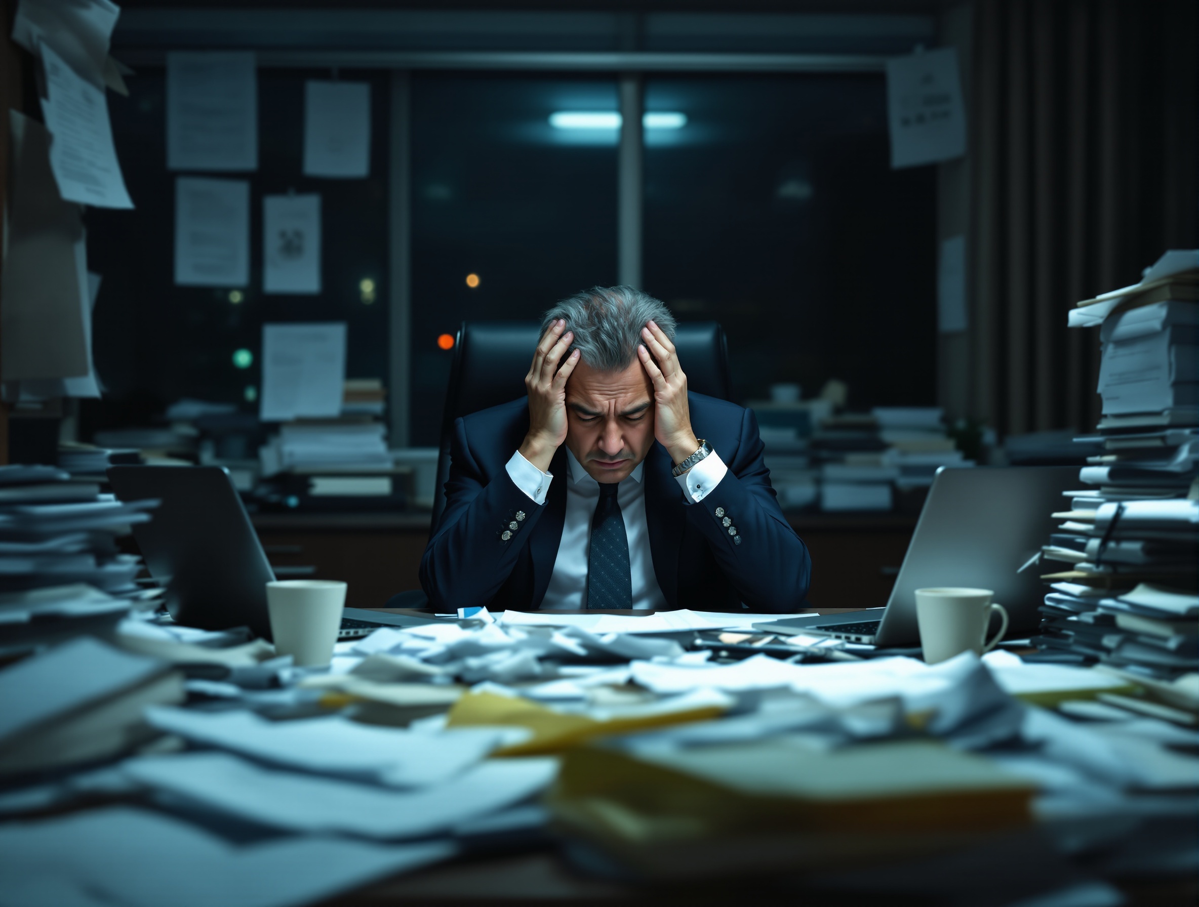 Before：深夜の散らかったデスクで思案する日本人経営者