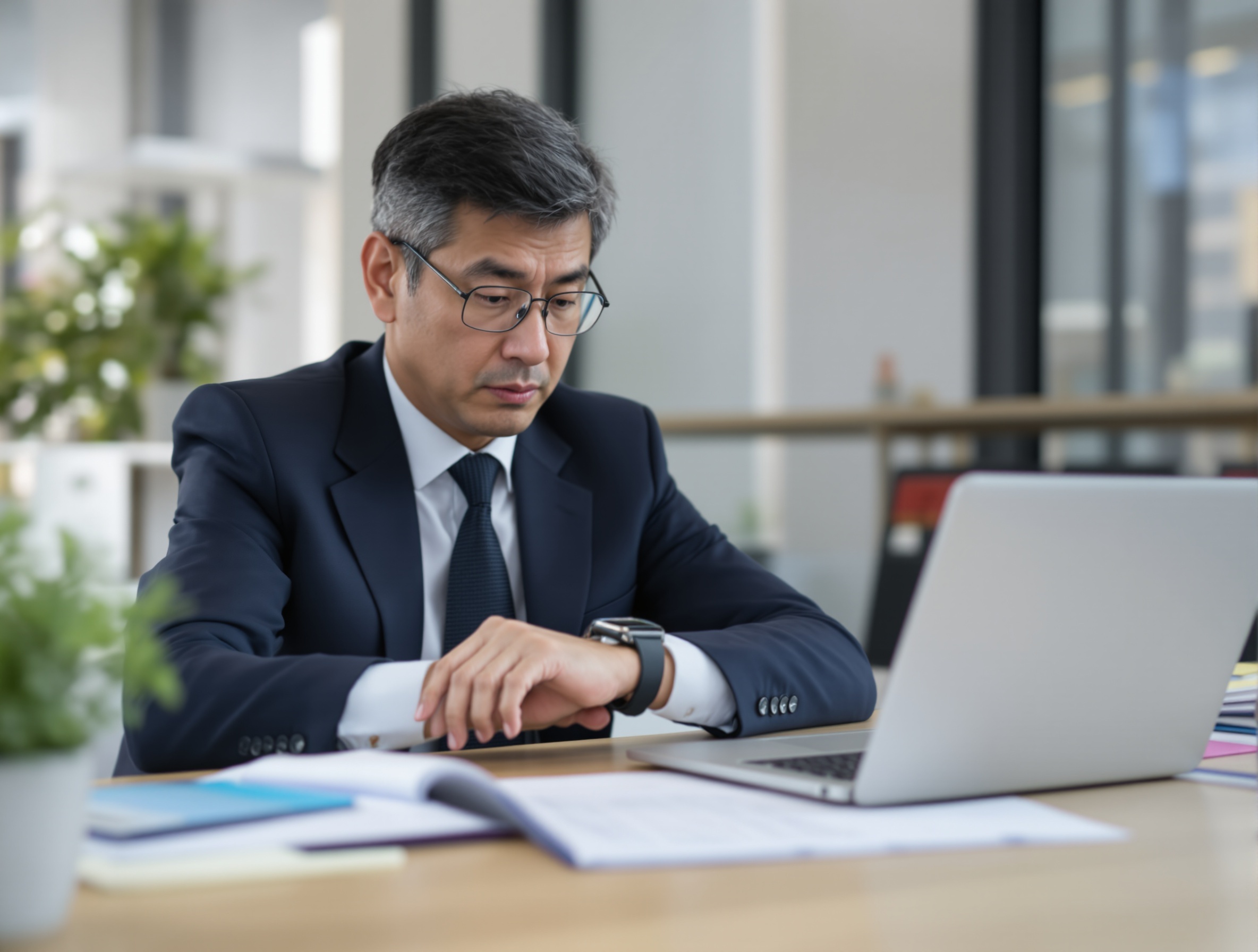 時間がない：スケジュールとPCを見比べ腕時計を確認する日本人経営者