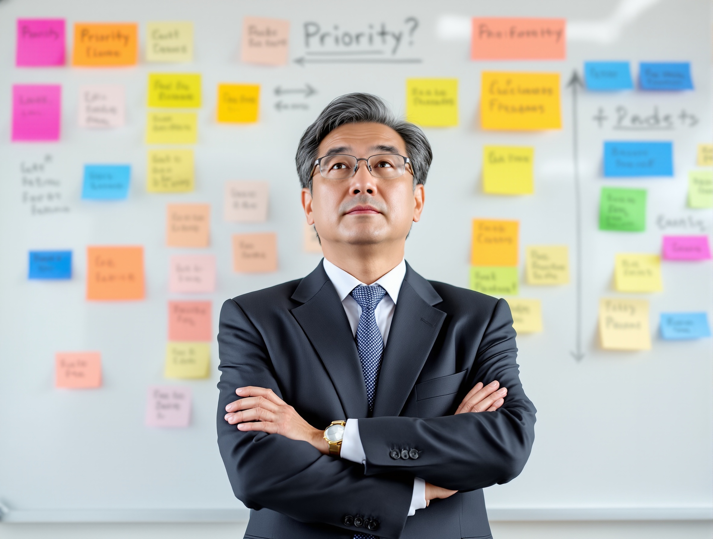 何から始めればいいか：付箋ボードを前に優先順位を考える日本人経営者