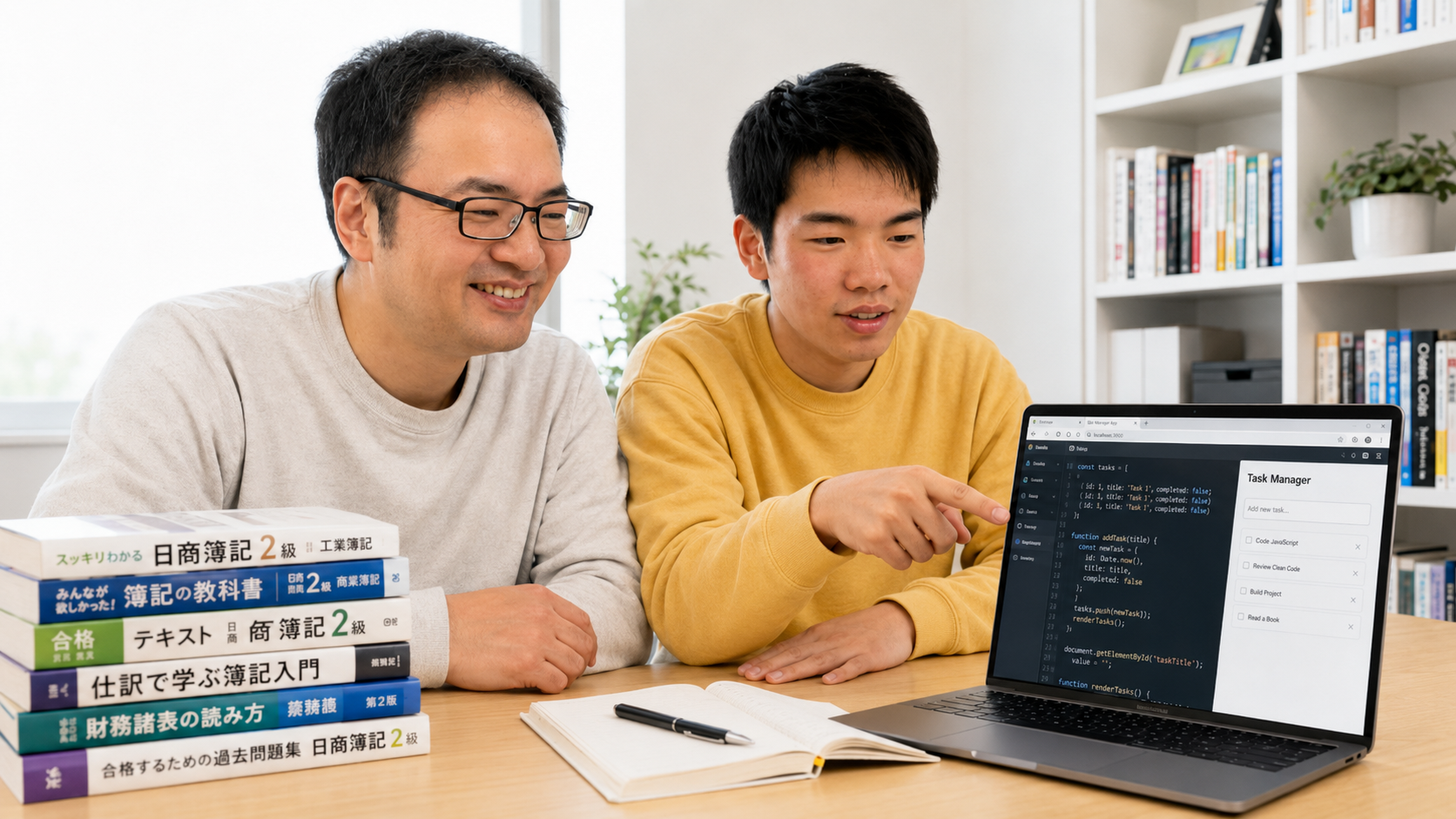 父と息子が並んでノートPCでAIアプリを作っている様子